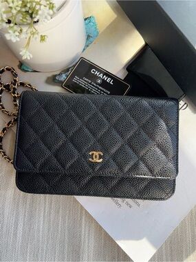 Chanel Caviar Classic Wallet On Chain Black Gold